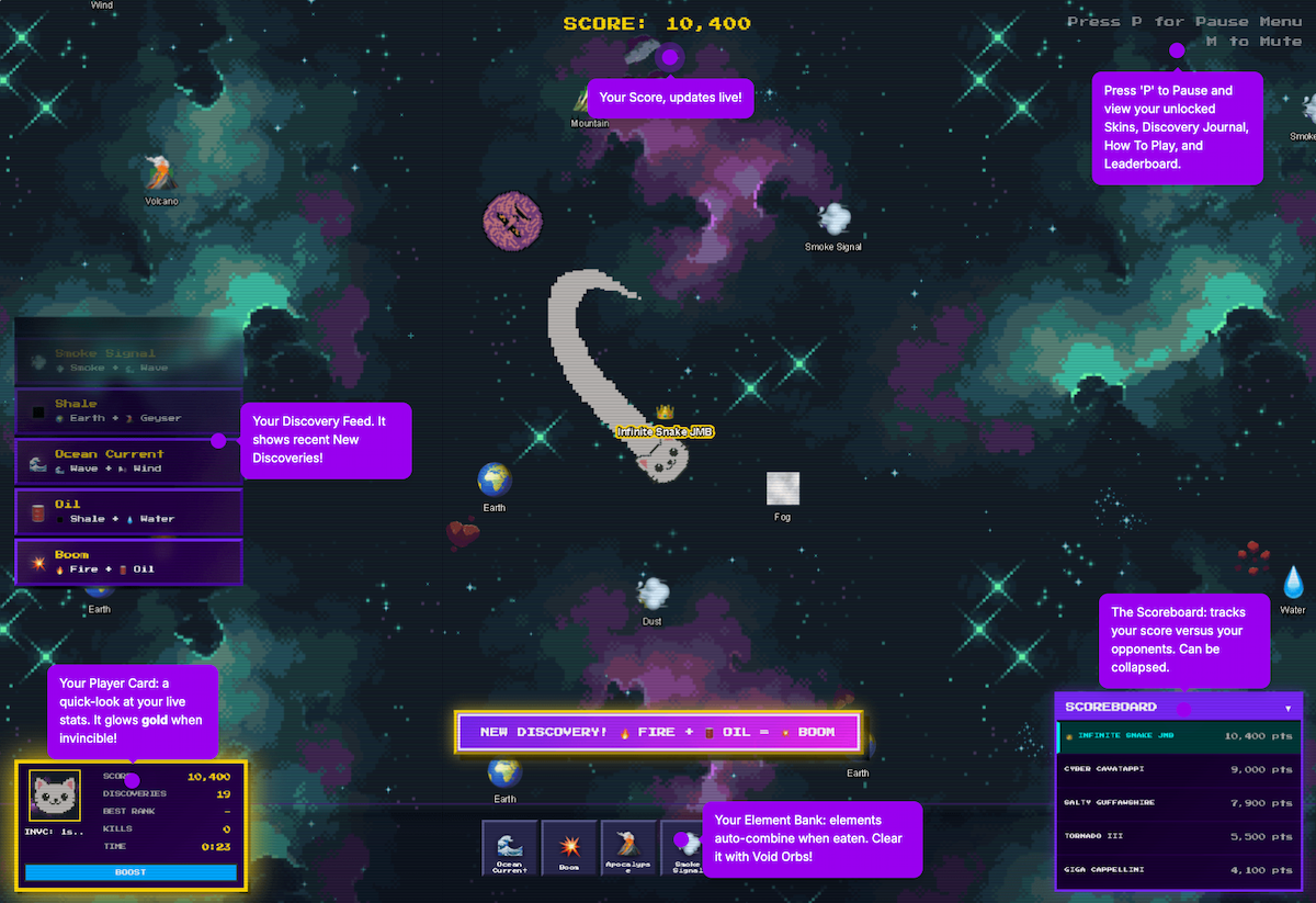 Infinite Snake Game Interface with UI element callouts